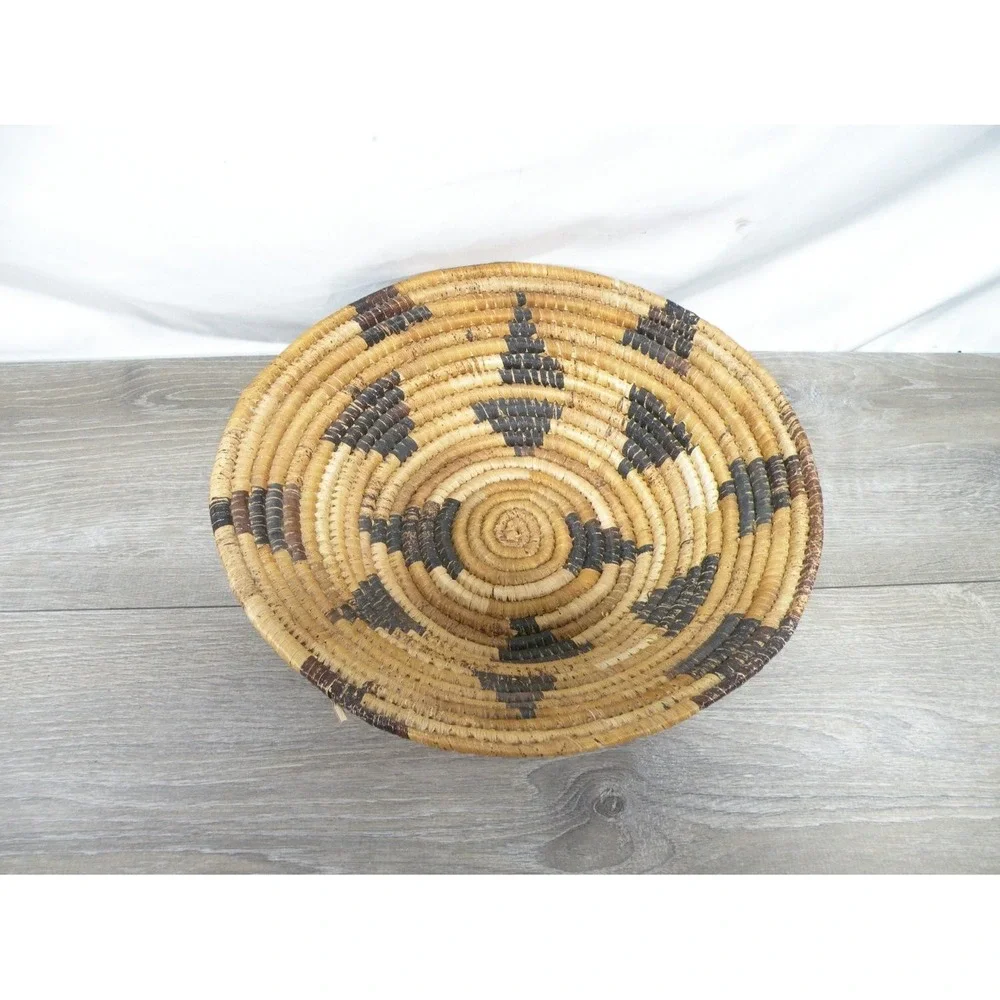 Handwoven Coiled Natural Fiber Lidded Basket 14 in Southwestern Geometric Decor